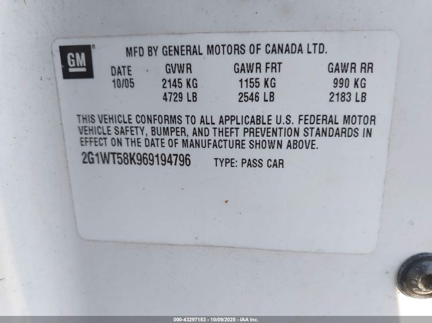 2006 Chevrolet Impala Lt VIN: 2G1WT58K969194796 Lot: 43297153