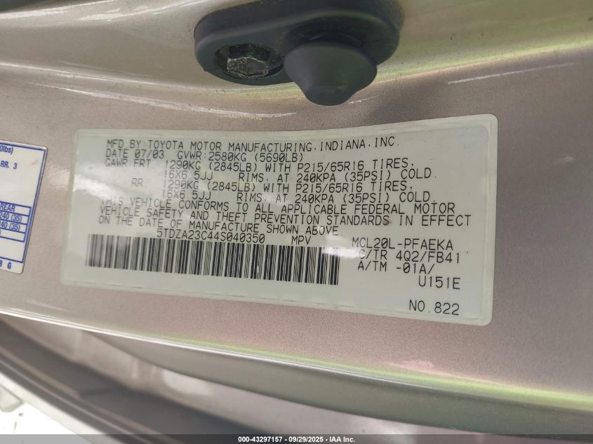 2004 Toyota Sienna Le VIN: 5TDZA23C44S040350 Lot: 43297157