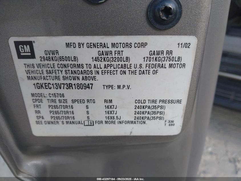 2003 GMC Yukon Sle VIN: 1GKEC13V73R180947 Lot: 43297184