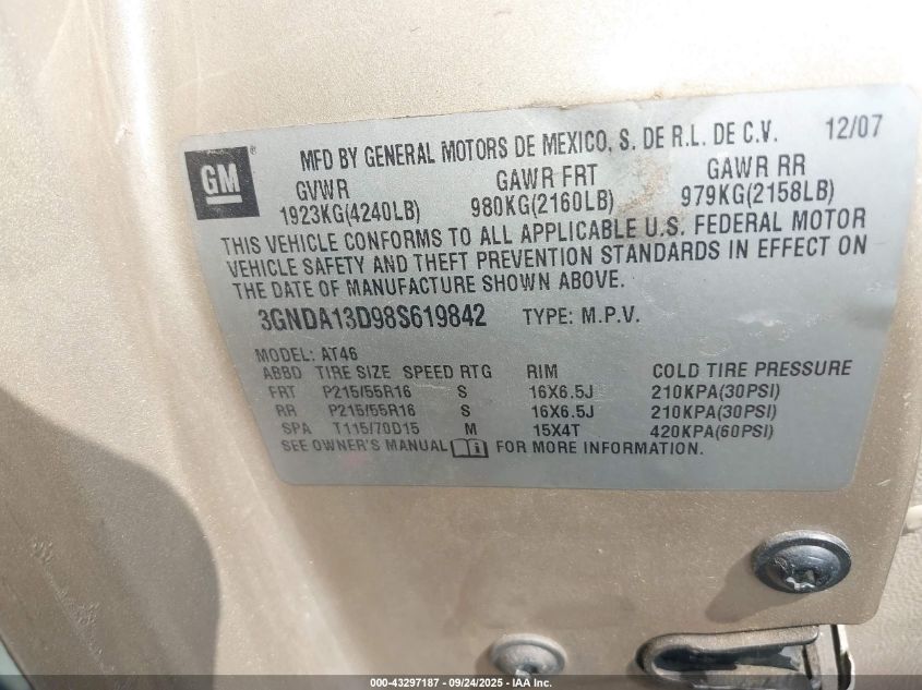 2008 Chevrolet Hhr Ls VIN: 3GNDA13D98S619842 Lot: 43297187