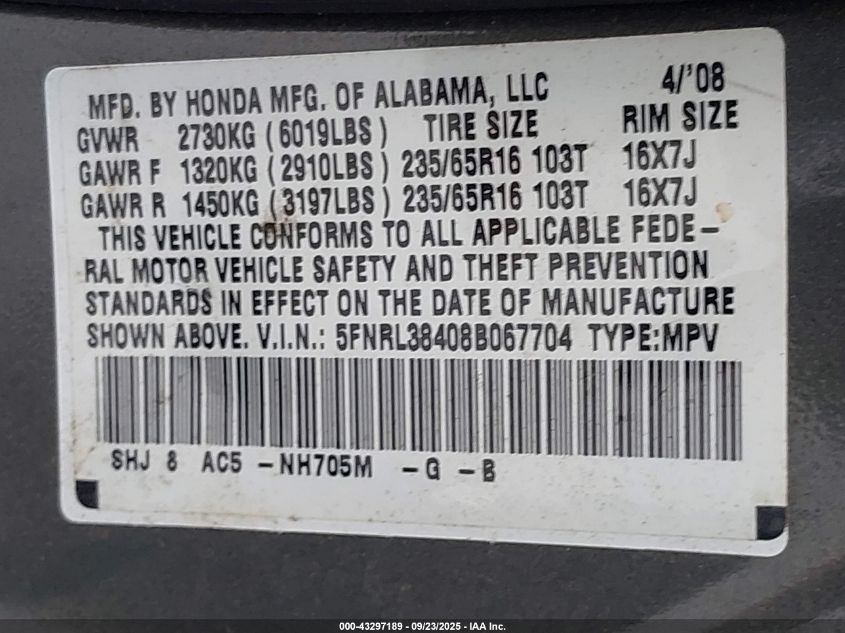 2008 Honda Odyssey Ex VIN: 5FNRL38408B067704 Lot: 43297189