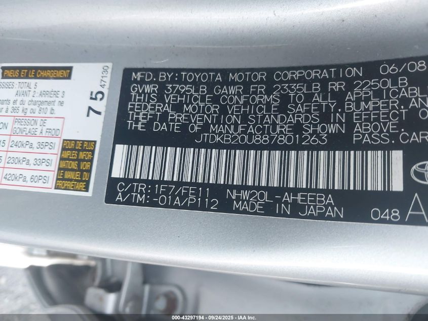 2008 Toyota Prius VIN: JTDKB20U887801263 Lot: 43297194