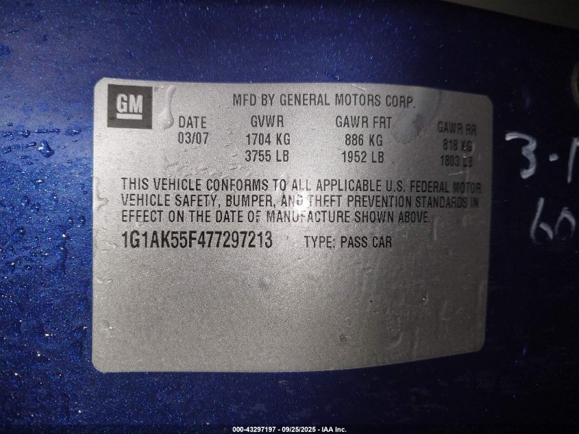 2007 Chevrolet Cobalt Ls VIN: 1G1AK55F477297213 Lot: 43297197