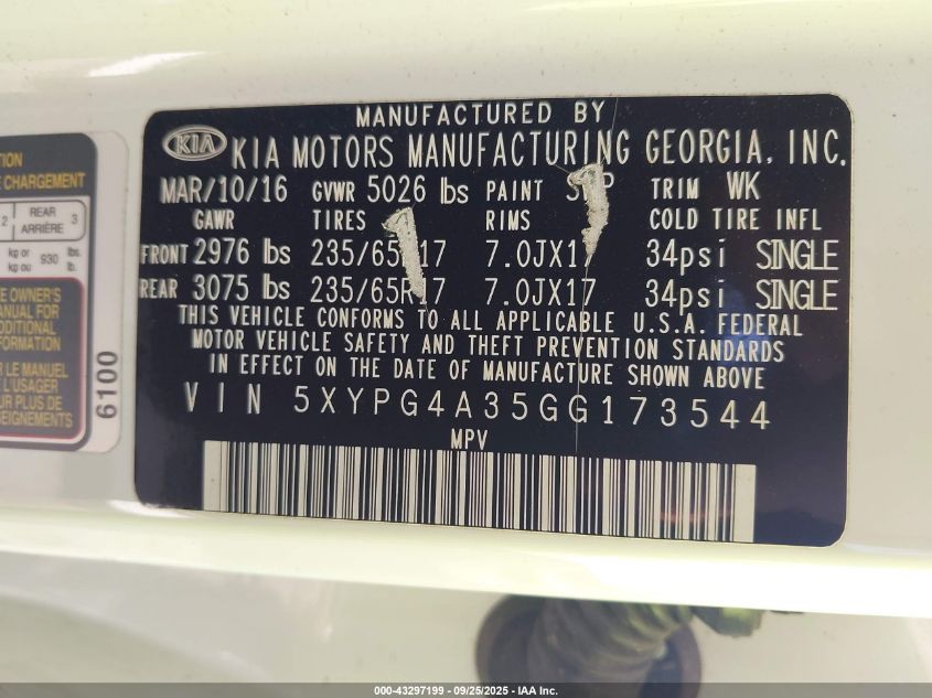 2016 Kia Sorento 2.4L Lx VIN: 5XYPG4A35GG173544 Lot: 43297199