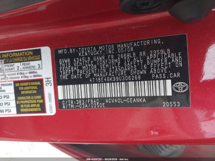 2009 Toyota Camry Le VIN: 4T1BE46K99U306268 Lot: 43297201