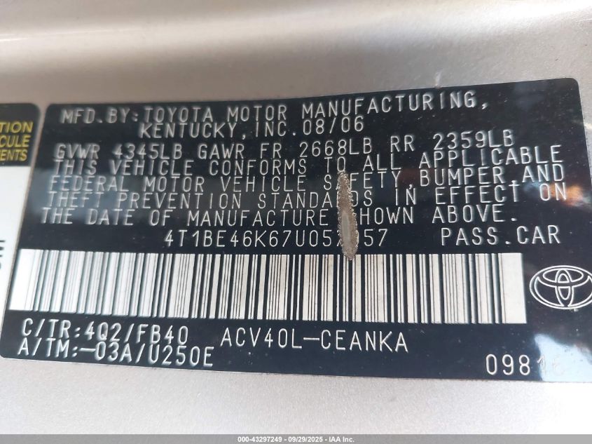 2007 Toyota Camry Le VIN: 4T1BE46K67U057957 Lot: 43297249