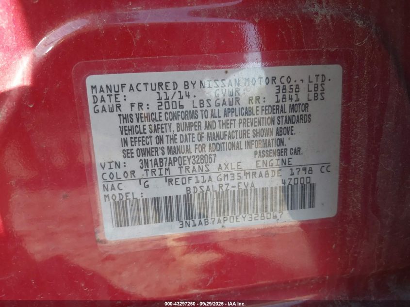 2014 Nissan Sentra Sr VIN: 3N1AB7AP0EY328067 Lot: 43297250