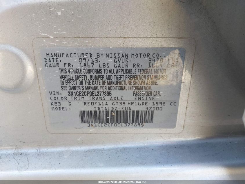 2014 Nissan Versa Note Sv VIN: 3N1CE2CP0EL377895 Lot: 43297260