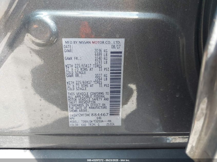 2017 Nissan Rogue Sv VIN: 5N1AT2MT3HC884467 Lot: 43297272