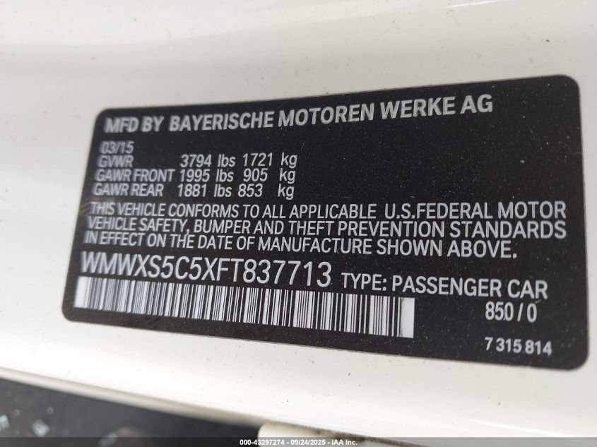 2015 Mini Hardtop Cooper VIN: WMWXS5C5XFT837713 Lot: 43297274