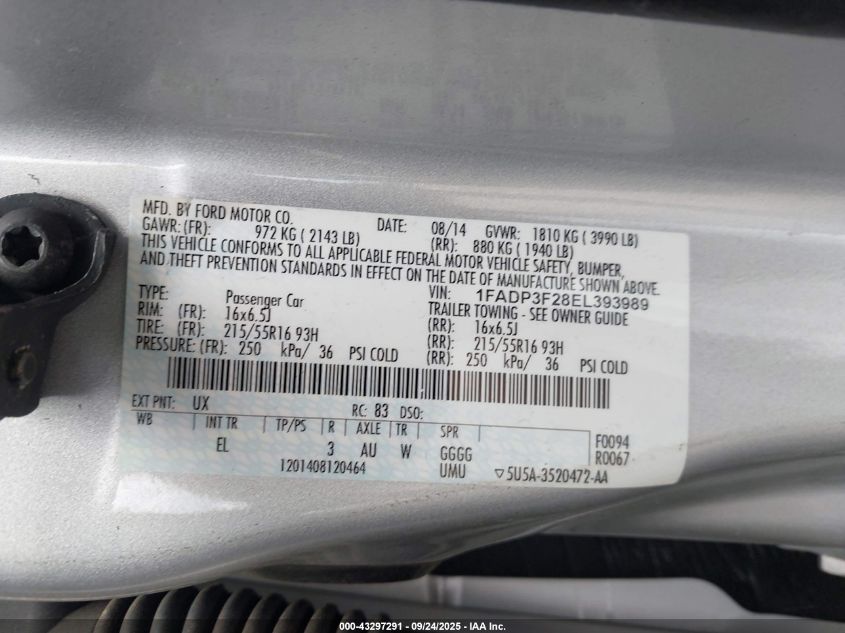 2014 Ford Focus Se VIN: 1FADP3F28EL393989 Lot: 43297291