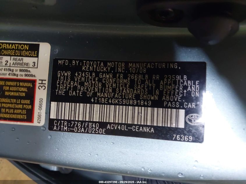 2009 Toyota Camry Le VIN: 4T1BE46K59U891849 Lot: 43297298