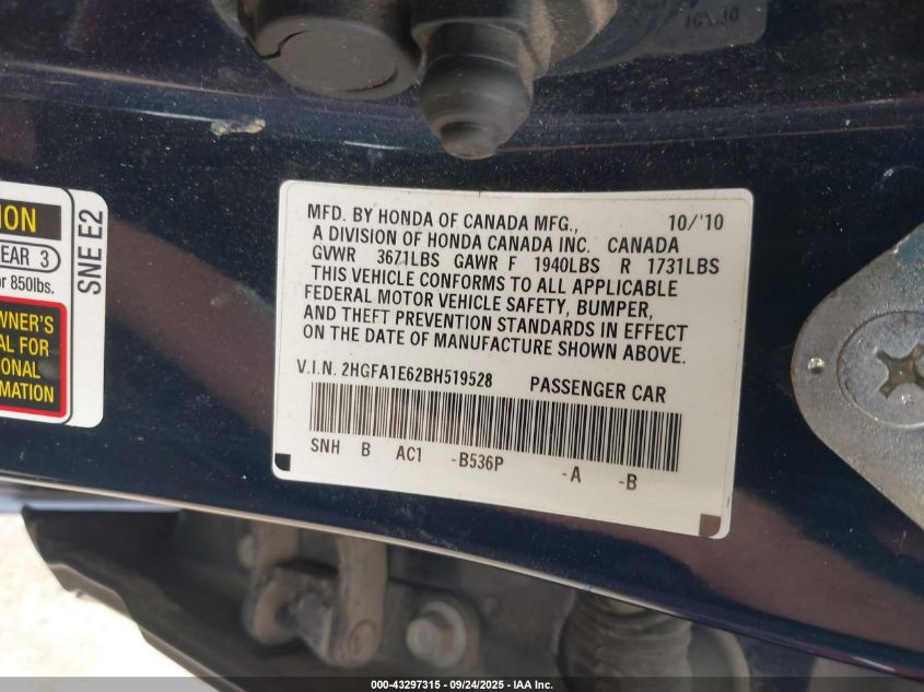 2011 Honda Civic Lx-S VIN: 2HGFA1E62BH519528 Lot: 43297315