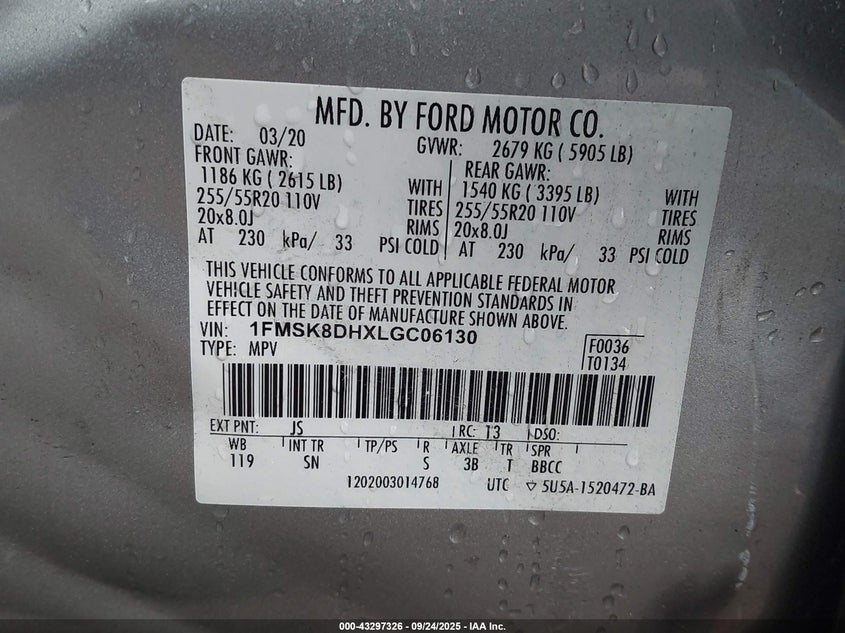 2020 FORD EXPLORER XLT 1FMSK8DHXLGC06130