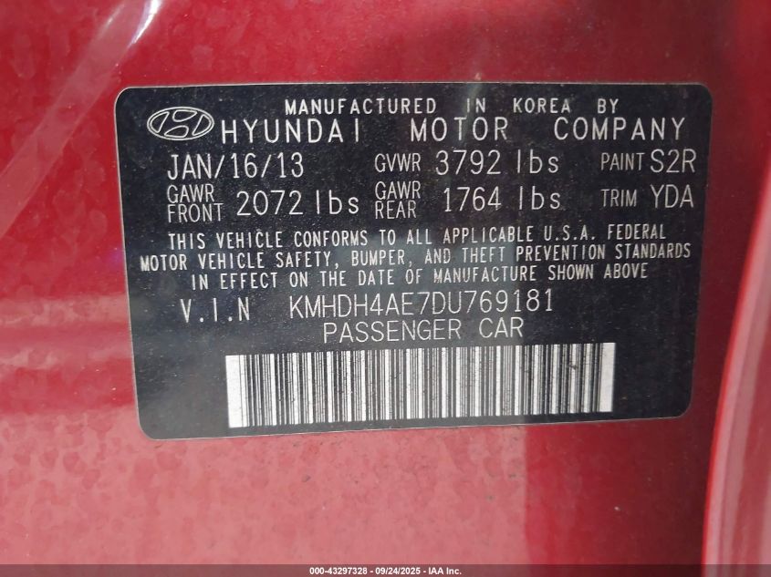 2013 Hyundai Elantra Gls VIN: KMHDH4AE7DU769181 Lot: 43297328