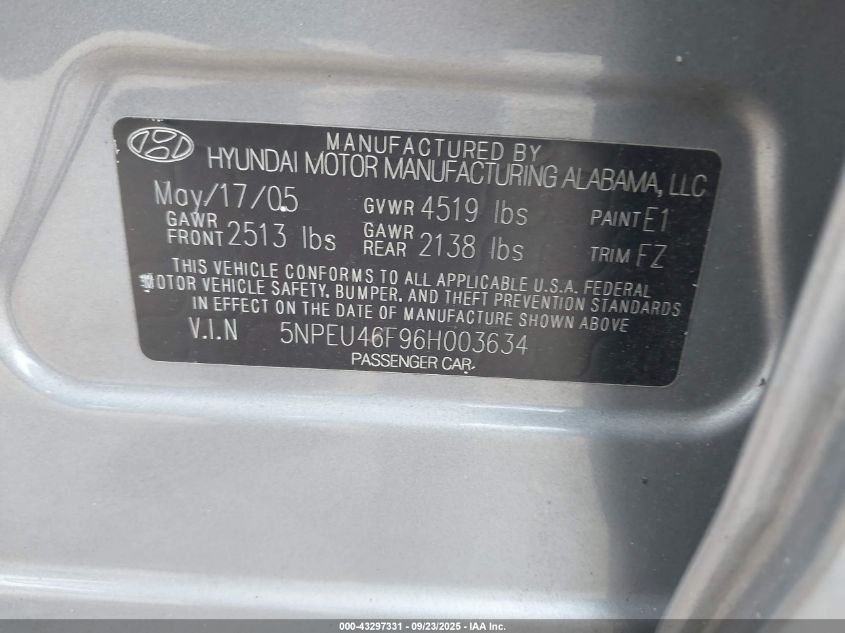 2006 Hyundai Sonata Gls V6/Lx V6 VIN: 5NPEU46F96H003634 Lot: 43297331