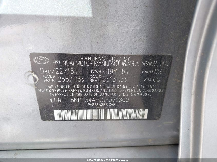 2016 Hyundai Sonata Sport VIN: 5NPE34AF9GH372800 Lot: 43297334