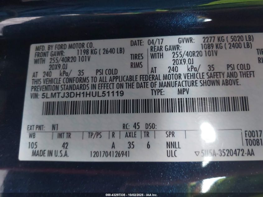 2017 Lincoln Mkc Reserve VIN: 5LMTJ3DH1HUL51119 Lot: 43297335