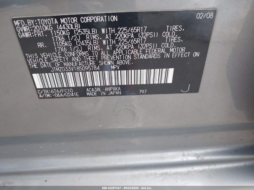 2008 Toyota Rav4 VIN: JTMZD33V185095784 Lot: 43297347