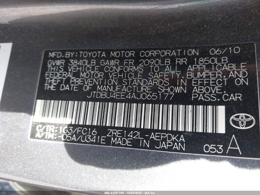 2010 Toyota Corolla Le VIN: JTDBU4EE4AJ065177 Lot: 43297356