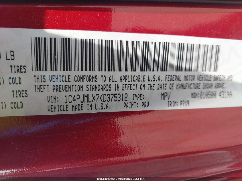 2019 Jeep Cherokee Latitude Plus 4X4 VIN: 1C4PJMLX7KD375312 Lot: 43297359
