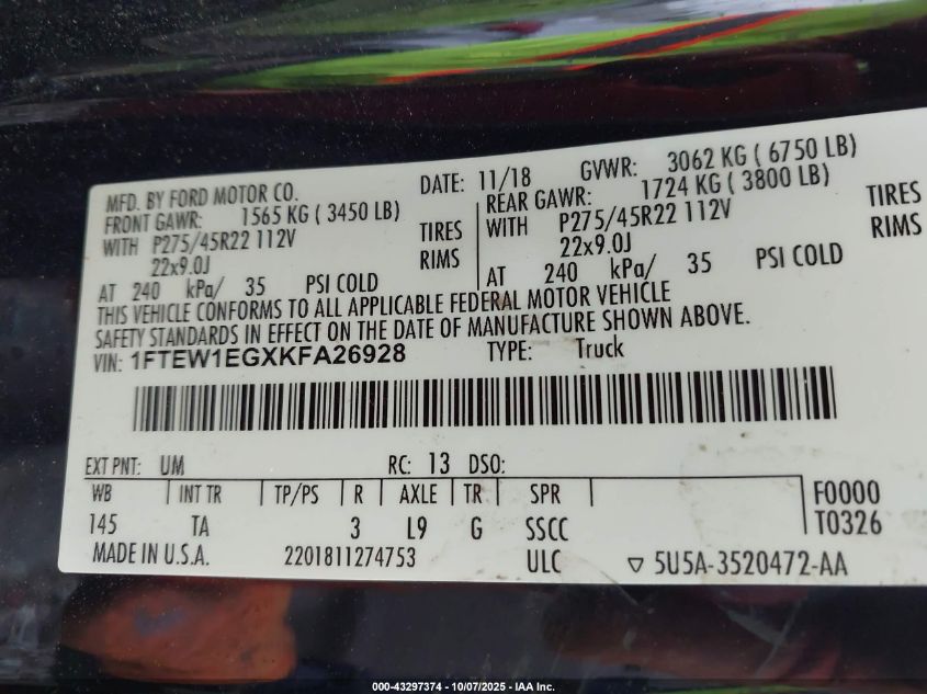 2019 Ford F-150 Limited VIN: 1FTEW1EGXKFA26928 Lot: 43297374