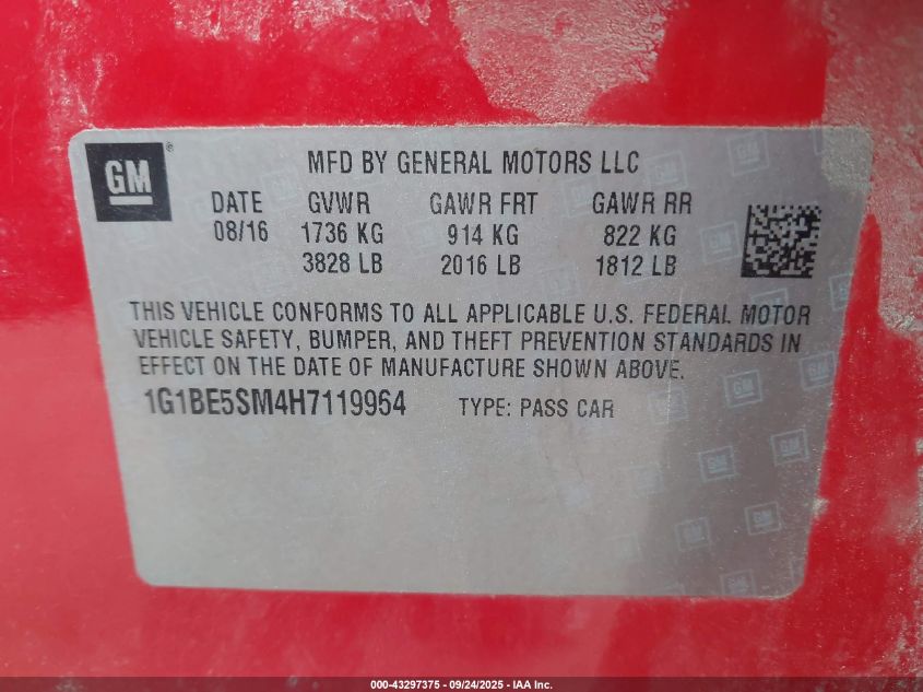 2017 Chevrolet Cruze Lt Auto VIN: 1G1BE5SM4H7119964 Lot: 43297375