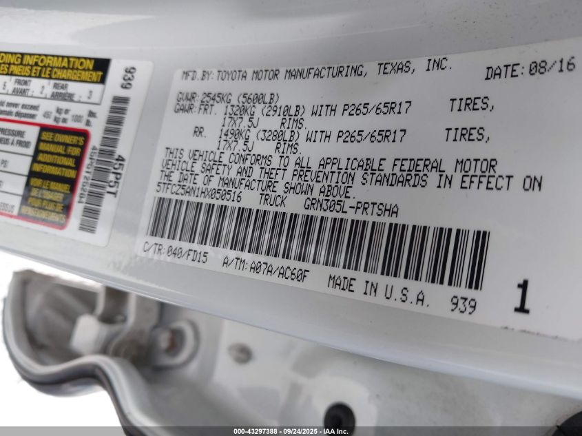 2017 Toyota Tacoma Trd Sport VIN: 5TFCZ5AN1HX050516 Lot: 43297388