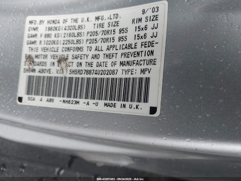 2004 Honda Cr-V Ex VIN: SHSRD78874U202087 Lot: 43297403