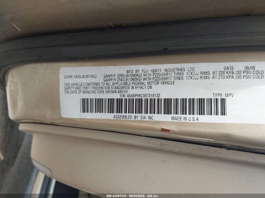 2009 Subaru Outback 2.5I Limited VIN: 4S4BP66C997319132 Lot: 43297410