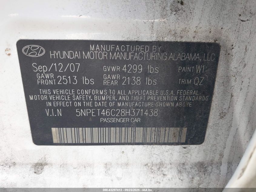 2008 Hyundai Sonata Gls VIN: 5NPET46C28H371438 Lot: 43297413
