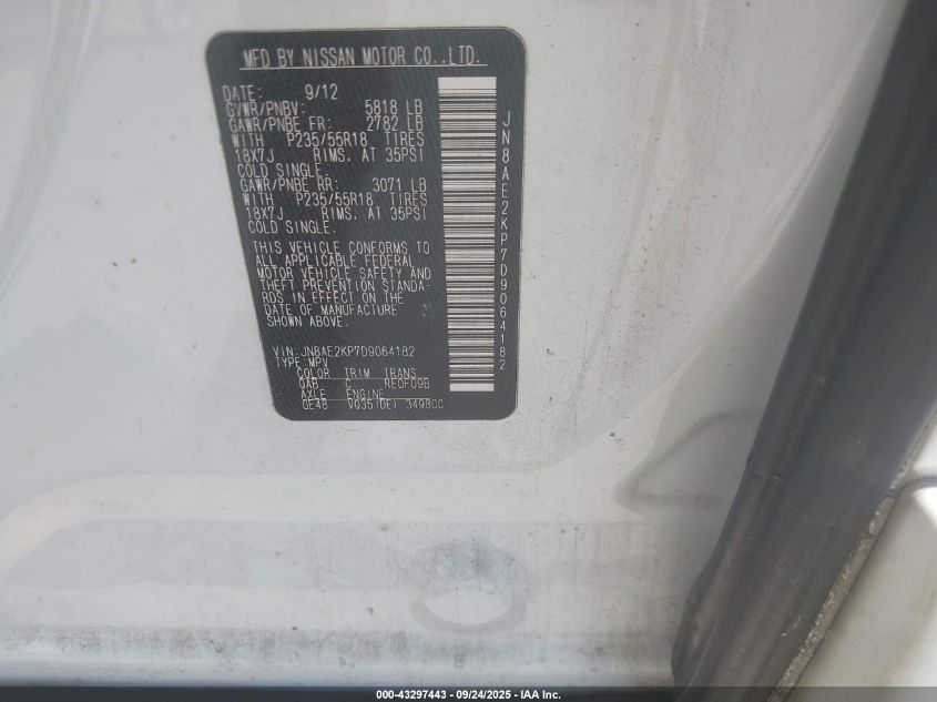 2013 Nissan Quest Le VIN: JN8AE2KP7D9064182 Lot: 43297443