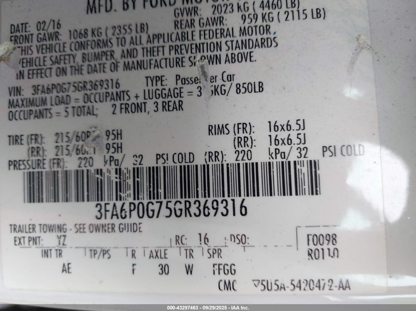 2016 Ford Fusion S VIN: 3FA6P0G75GR369316 Lot: 43297463