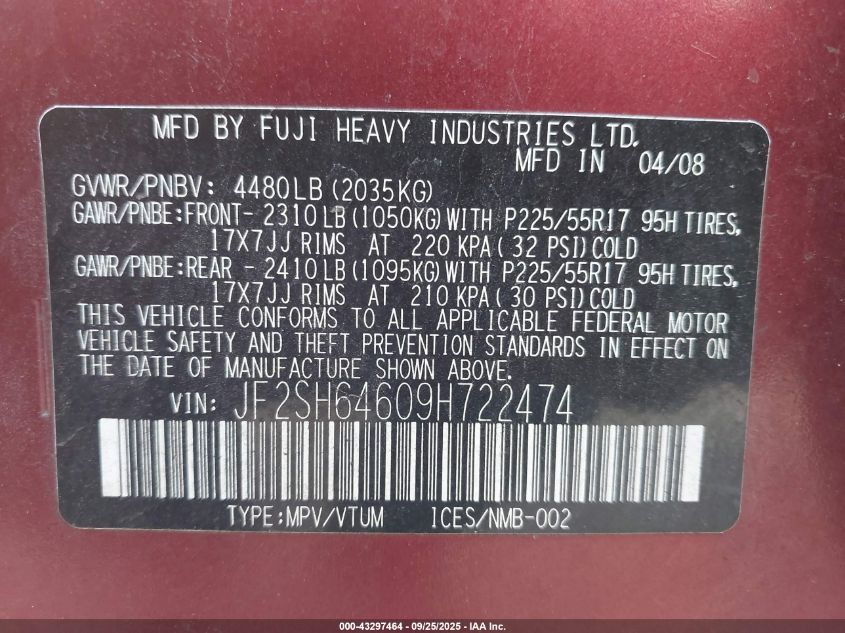 2009 Subaru Forester 2.5X Limited VIN: JF2SH64609H722474 Lot: 43297464