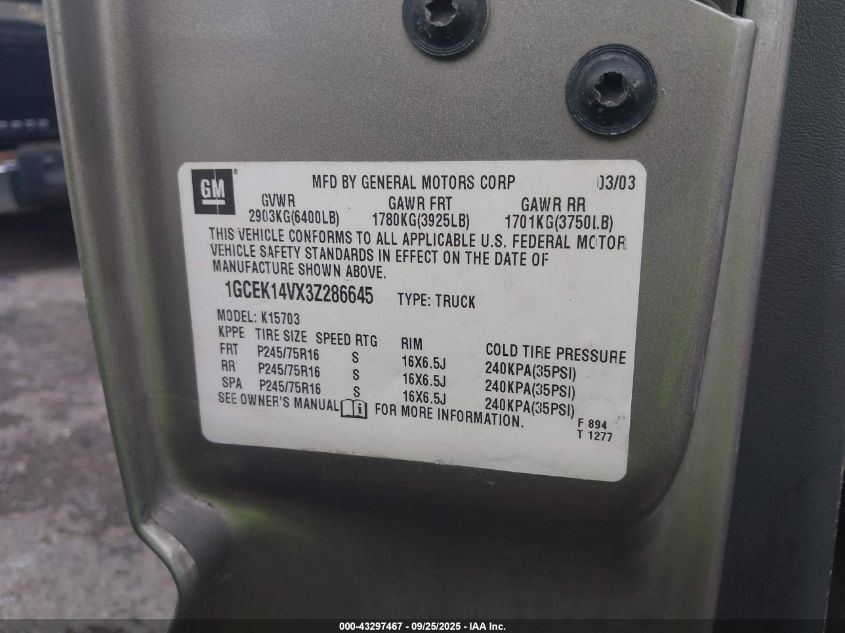 2003 Chevrolet Silverado 1500 VIN: 1GCEK14VX3Z286645 Lot: 43297467