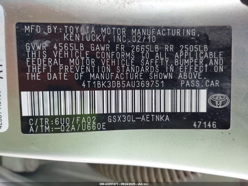 2010 Toyota Avalon Xl VIN: 4T1BK3DB5AU369751 Lot: 43297471