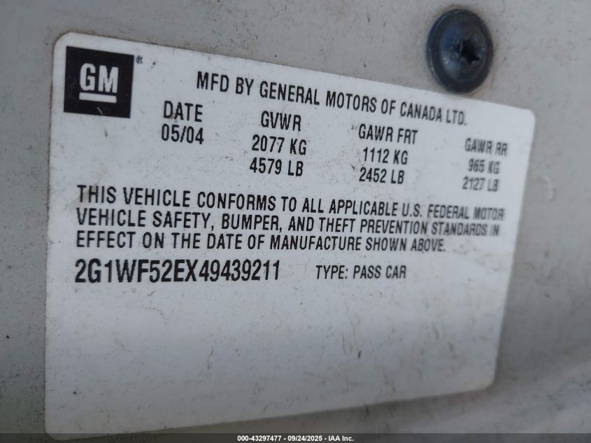 2004 Chevrolet Impala VIN: 2G1WF52EX49439211 Lot: 43297477