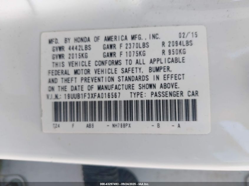 2015 Acura Tlx VIN: 19UUB1F3XFA016567 Lot: 43297493