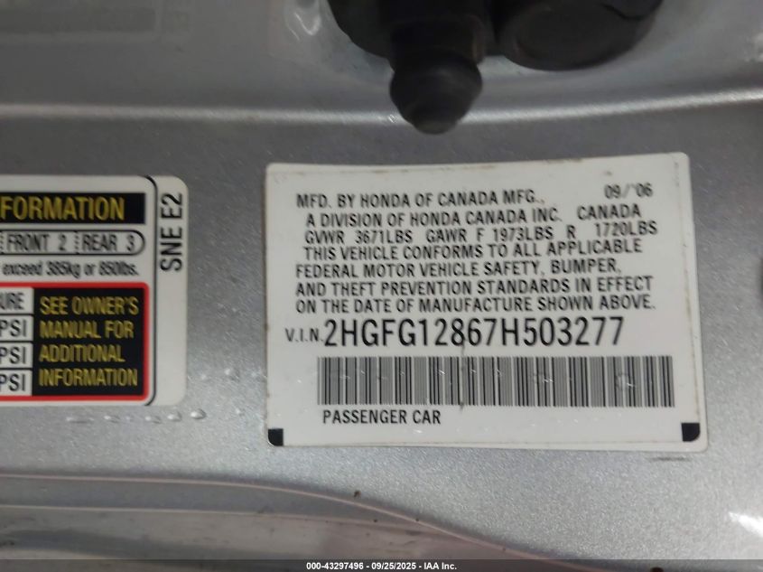 2007 Honda Civic Ex VIN: 2HGFG12867H503277 Lot: 43297496