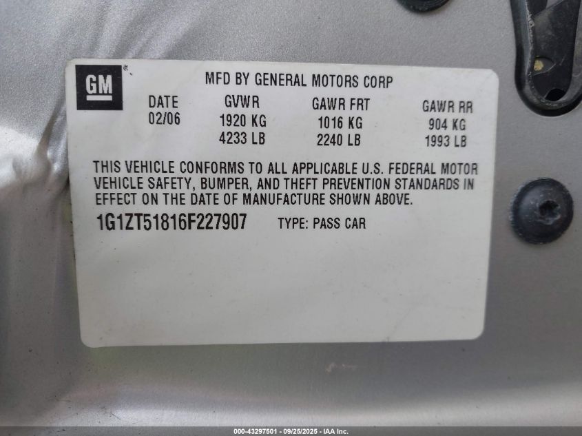 2006 Chevrolet Malibu Lt VIN: 1G1ZT51816F227907 Lot: 43297501