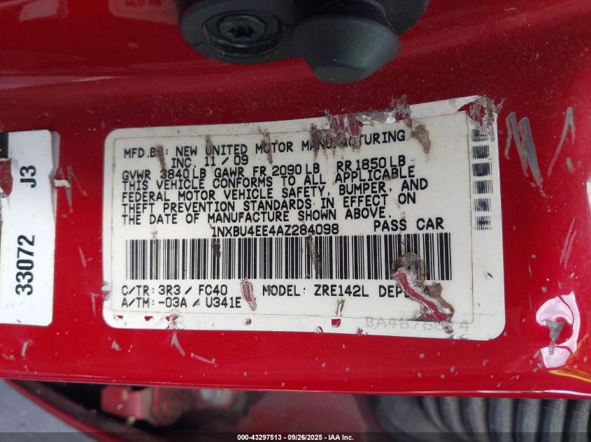 2010 Toyota Corolla Le VIN: 1NXBU4EE4AZ284098 Lot: 43297513