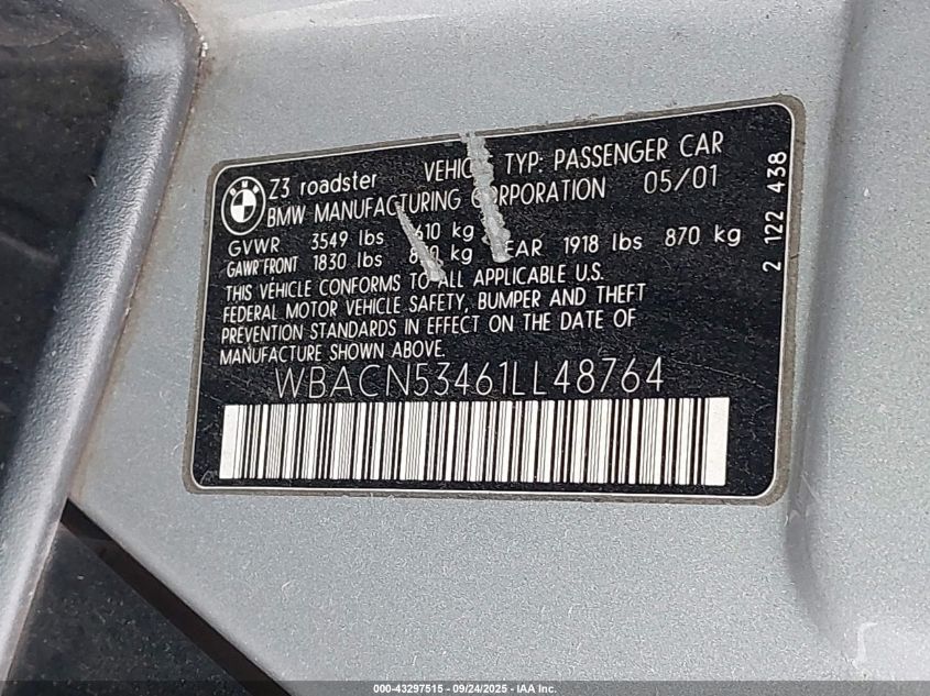 2001 BMW Z3 3.0I VIN: WBACN53461LL48764 Lot: 43297515