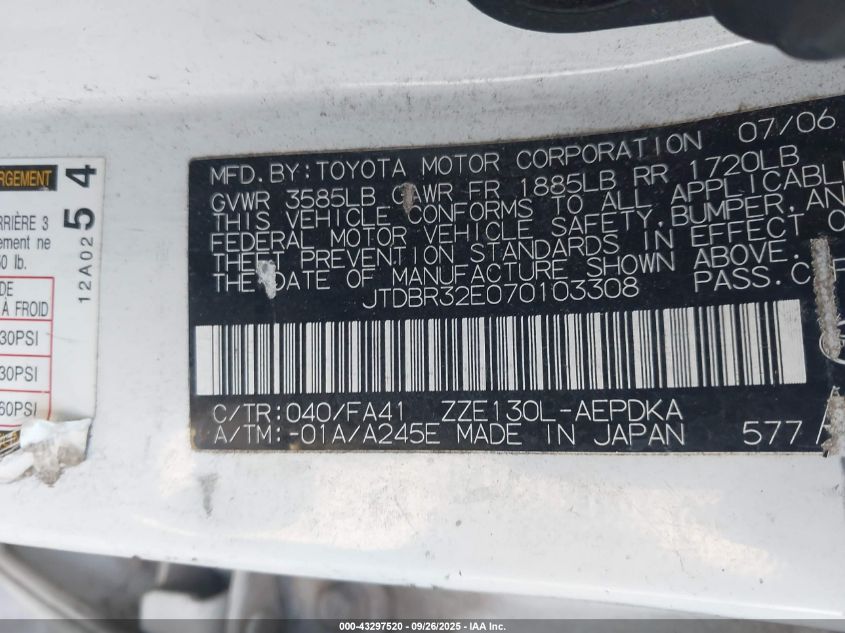 2007 Toyota Corolla Ce VIN: JTDBR32E070103308 Lot: 43297520