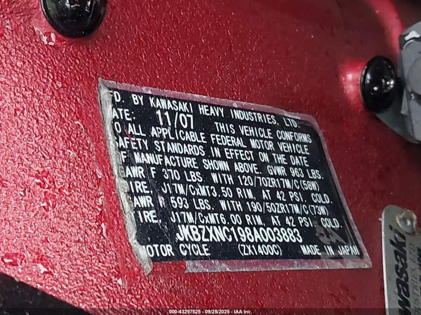 2008 Kawasaki Zx1400 C VIN: JKBZXNC198A003883 Lot: 43297525