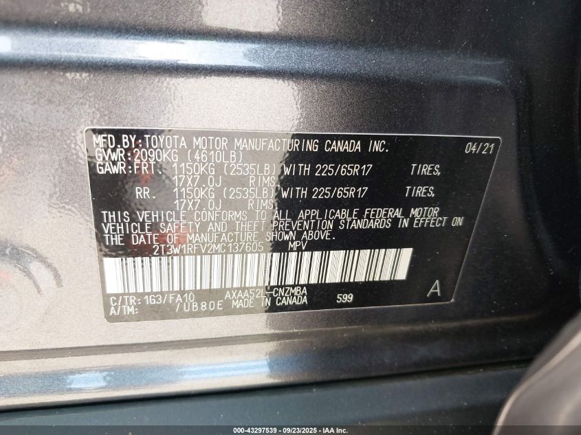 2021 Toyota Rav4 Xle VIN: 2T3W1RFV2MC137605 Lot: 43297539