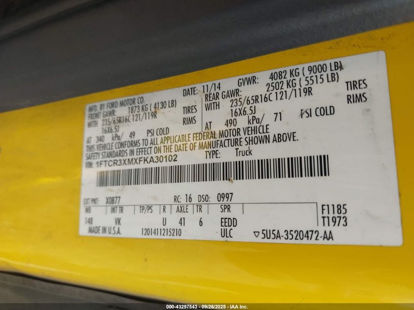 2015 Ford Transit-250 VIN: 1FTCR3XMXFKA30102 Lot: 43297543