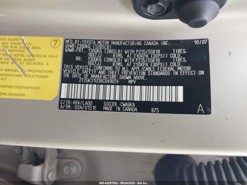 2008 Lexus Rx 350 VIN: 2T2GK31U38C049024 Lot: 43297552