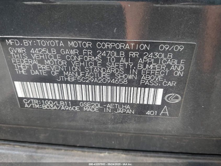 2010 Lexus Is 250 VIN: JTHBF5C29A2094658 Lot: 43297553