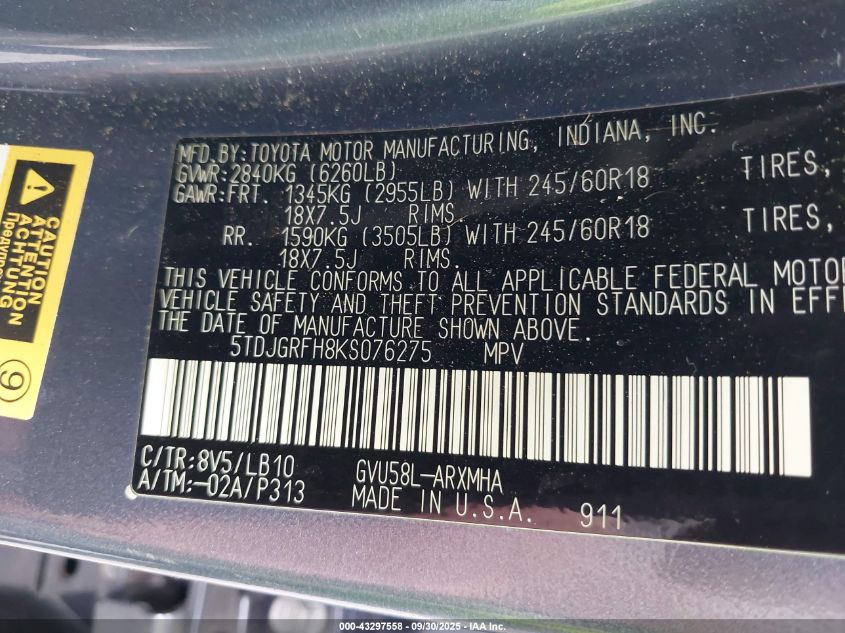 2019 Toyota Highlander Hybrid Xle VIN: 5TDJGRFH8KS076275 Lot: 43297558