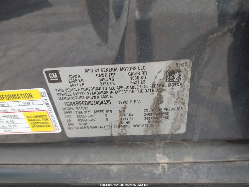 2012 Chevrolet Traverse Ls VIN: 1GNKRFED8CJ404425 Lot: 43297561